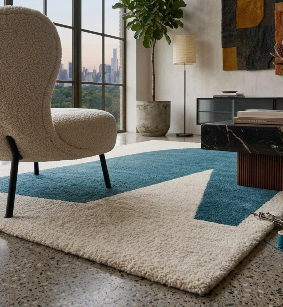 Modern Geometric Hand Tufted Rug – Luxury Cream & Teal Abstract Area Rug, Scandinavian Minimalist Wool Carpet, Contemporary Living Room Decor Rug