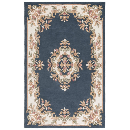 Navy Blue Wool Area Rug with Vintage Floral Border – Elegant Hand-Tufted Carpet for Living & Dining Rooms
