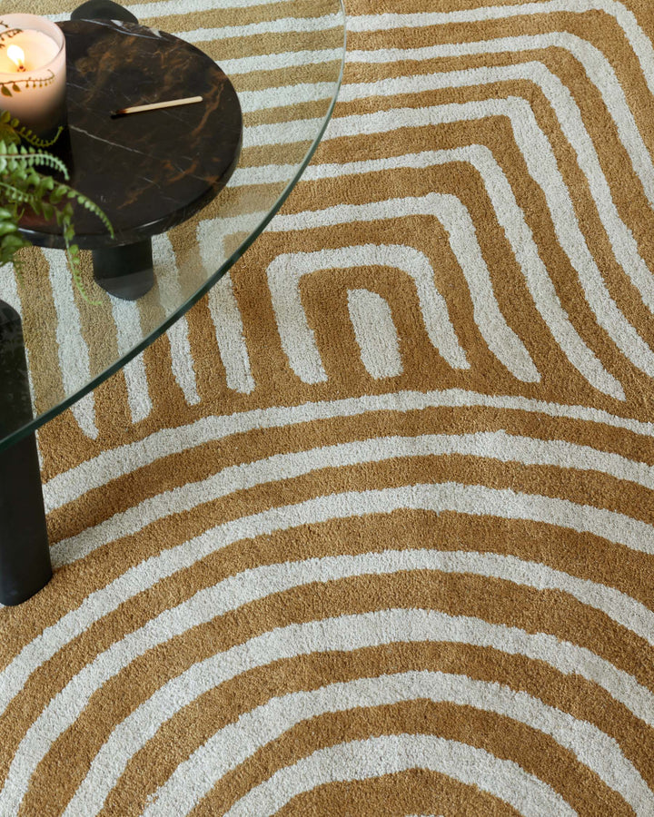 Modern Abstract Line Pattern Area Rug – Hand-Tufted Wool Mustard Yellow & Ivory Geometric Carpet for Living Room, Bedroom, Office & Home Decor