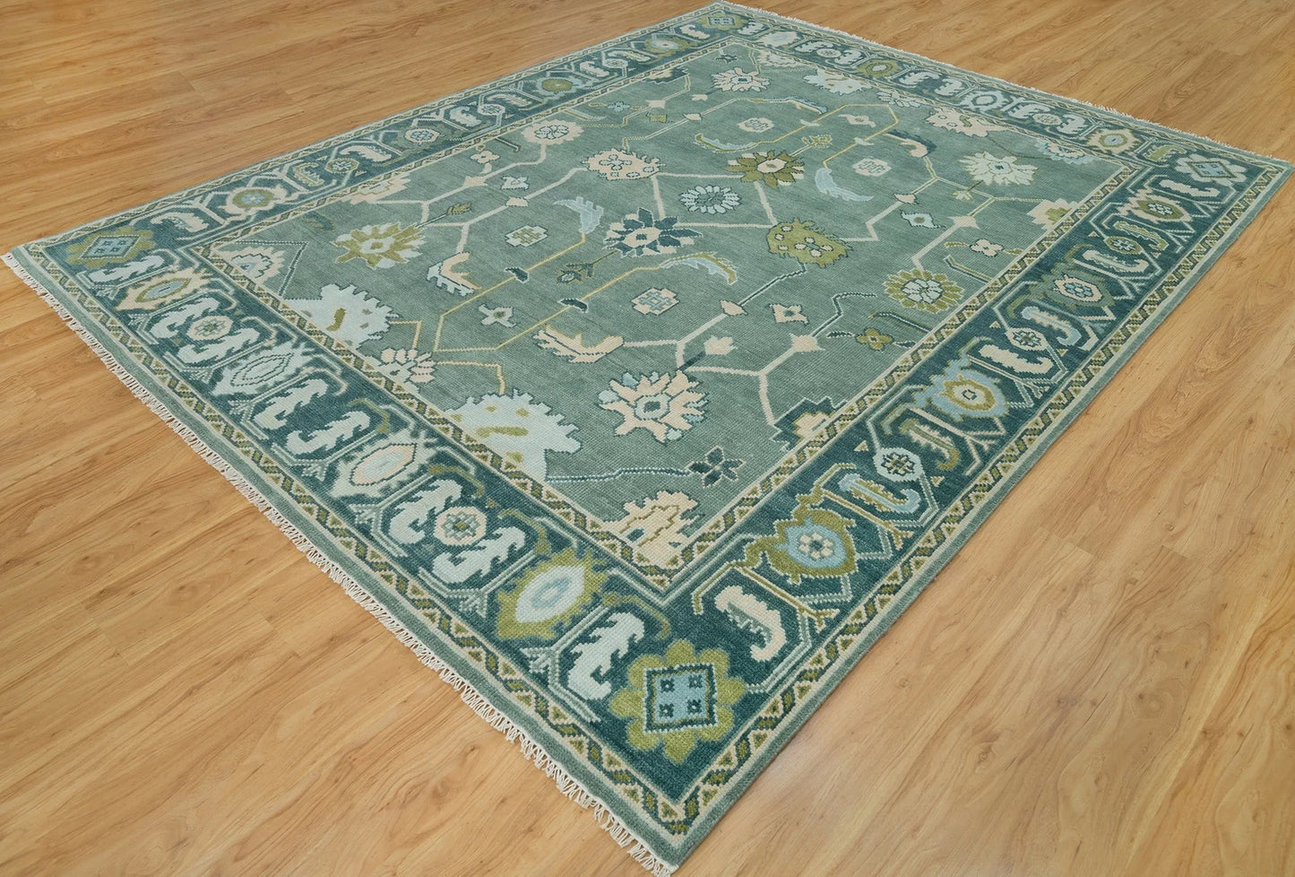 Luxury Hand-Knotted Oushak Rug – Soft Green Turkish Wool Carpet for Elegant Homes