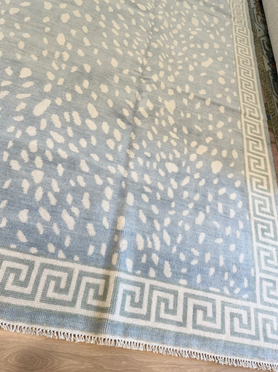 Hand Knotted Oushak Rug – Blue Modern Antelope Pattern with Greek Key Border | Luxury Wool Area Carpet