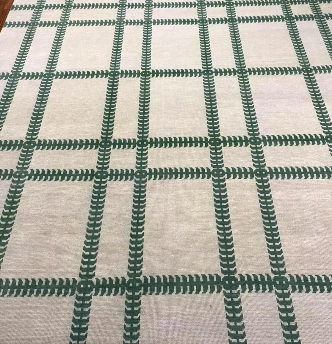 Modern Hand Knotted Oushak Rug – Green Lattice Wool Area Carpet | Cream Geometric Turkish Design