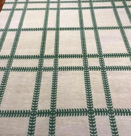 Modern Hand Knotted Oushak Rug – Green Lattice Wool Area Carpet | Cream Geometric Turkish Design