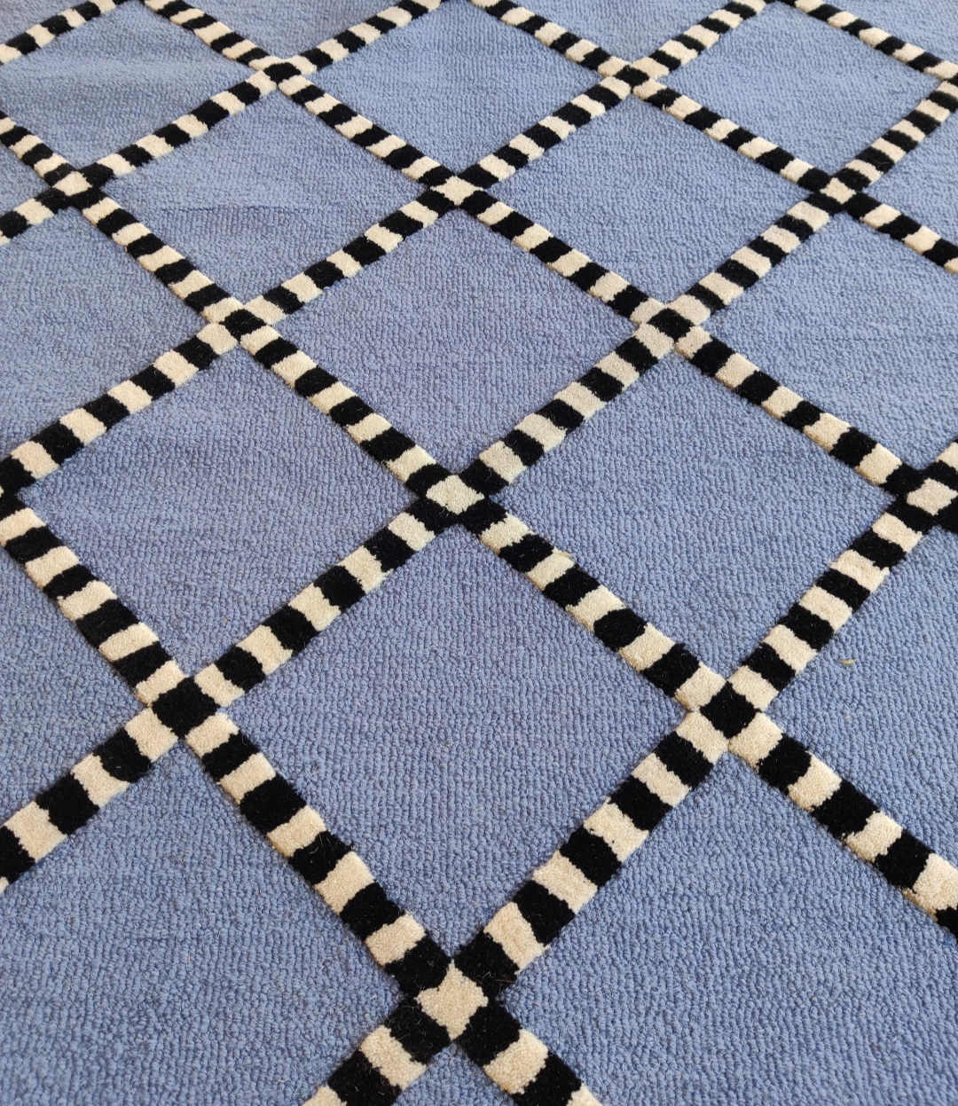 Handmade Blue Geometric Rug – Modern Tufted Diamond Pattern Carpet with Black & White Striped Border, Contemporary Area Rug for Home Decor