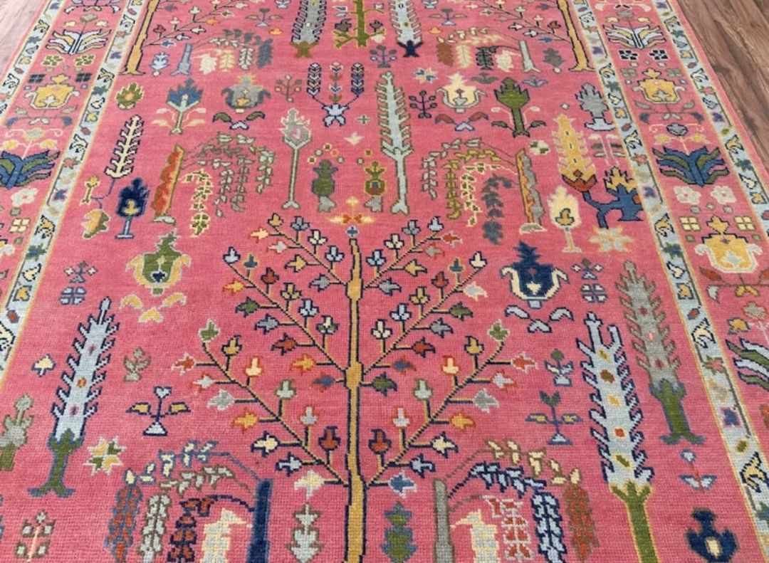 Handknotted Oushak Rug – Authentic Turkish Wool Carpet in Coral Pink | Luxury Handmade Oriental Area Rug