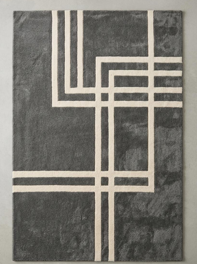 Modern Geometric Hand Tufted Rug, Charcoal Gray Area Rug, Scandinavian Minimalist Wool Carpet, Contemporary Living Room Rug, Abstract Line Design Rug