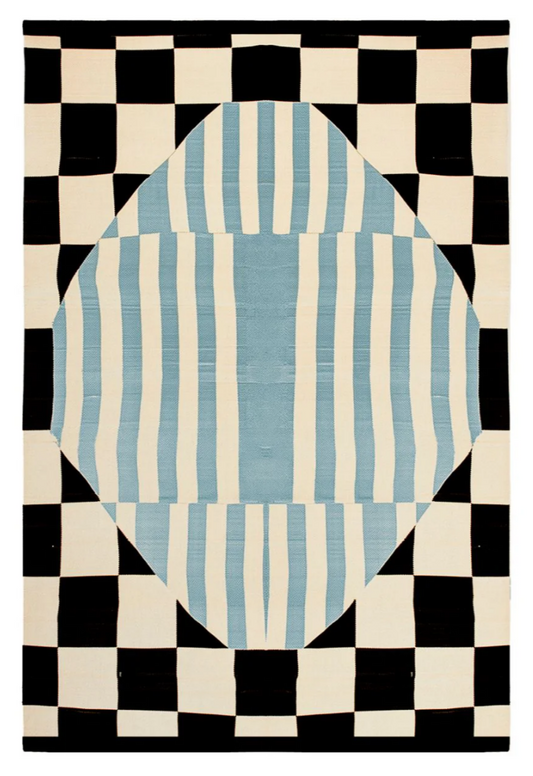 Modern Checkered Optical Illusion Area Rug – Black, White & Blue Geometric Carpet for Living Room, Bedroom & Office Décor