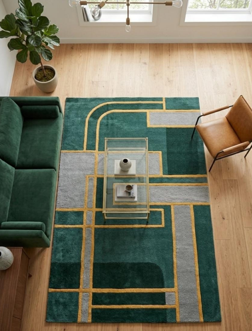 Emerald Green Hand Tufted Rug, Modern Geometric Area Rug, Luxury Abstract Wool Carpet, Contemporary Living Room Rug, Custom Handmade Rug