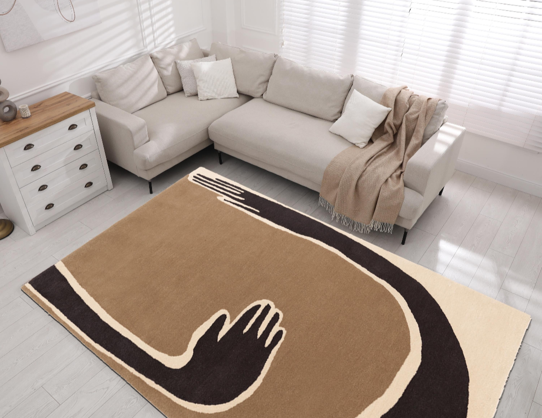 Modern Abstract Hand Design Area Rug – Soft Minimalist Brown & Beige Carpet for Living Room, Bedroom & Home Décor