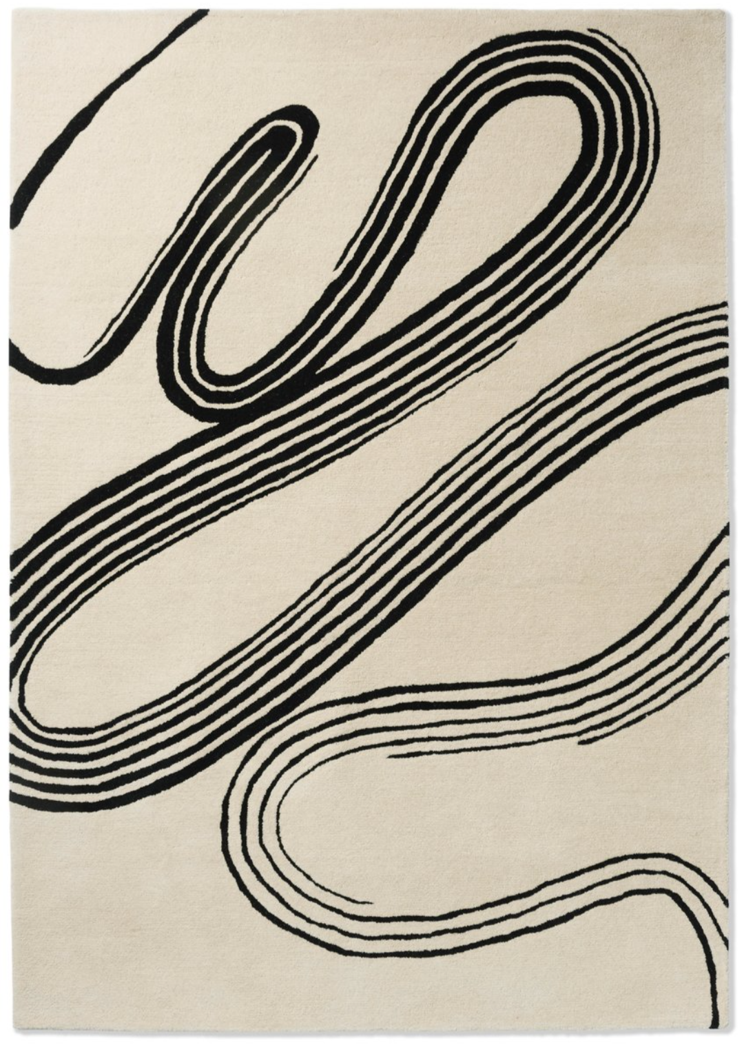 Modern Abstract Beige & Black Wool Rug – Hand-Tufted Contemporary Swirl Pattern for Living Room, Bedroom & Office Décor