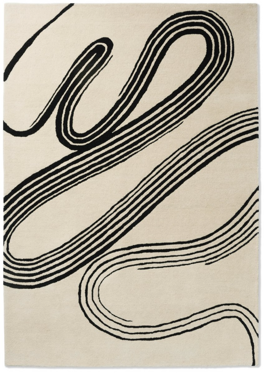 Modern Abstract Beige & Black Wool Rug – Hand-Tufted Contemporary Swirl Pattern for Living Room, Bedroom & Office Décor
