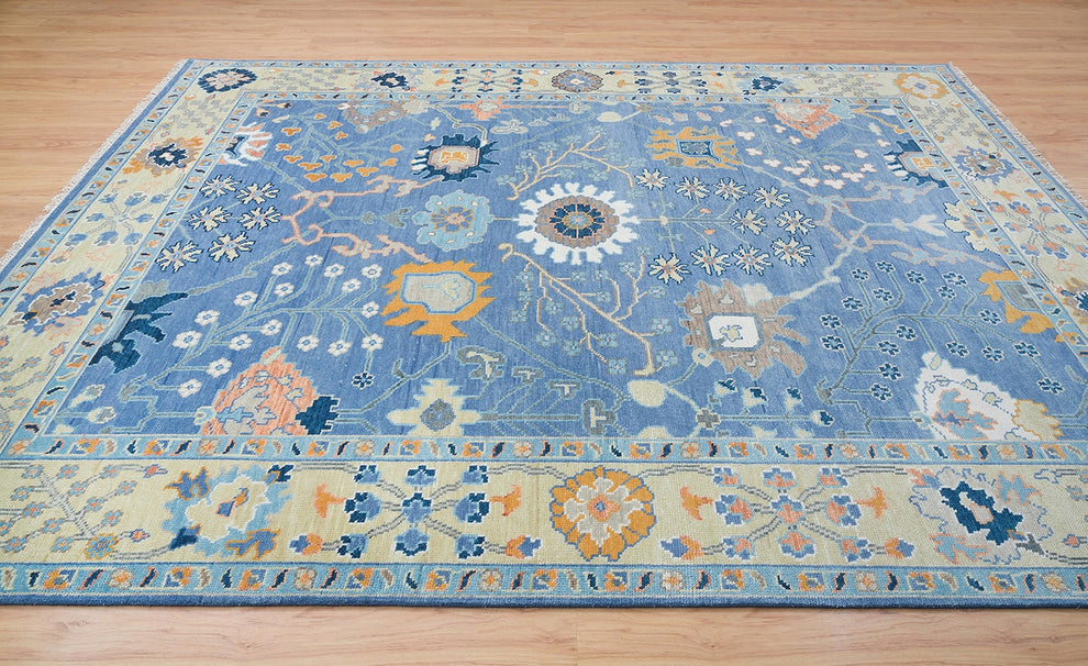 Hand-Knotted Blue Oushak Rug – Authentic Turkish Wool Carpet | Luxury Oriental Area Rug with Gold Accents