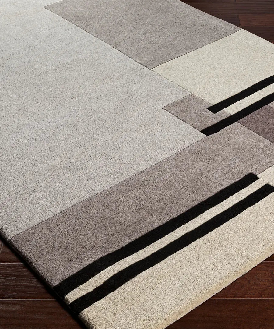 Modern Abstract Area Rug – Neutral Beige & Gray Geometric Carpet with Black Accents for Living Room & Bedroom Decor