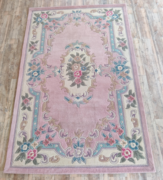 Handmade Aubusson Wool Rug | Vintage Pink Floral Area Carpet | French Style Oriental Medallion Rug for Living Room, Bedroom & Home Decor
