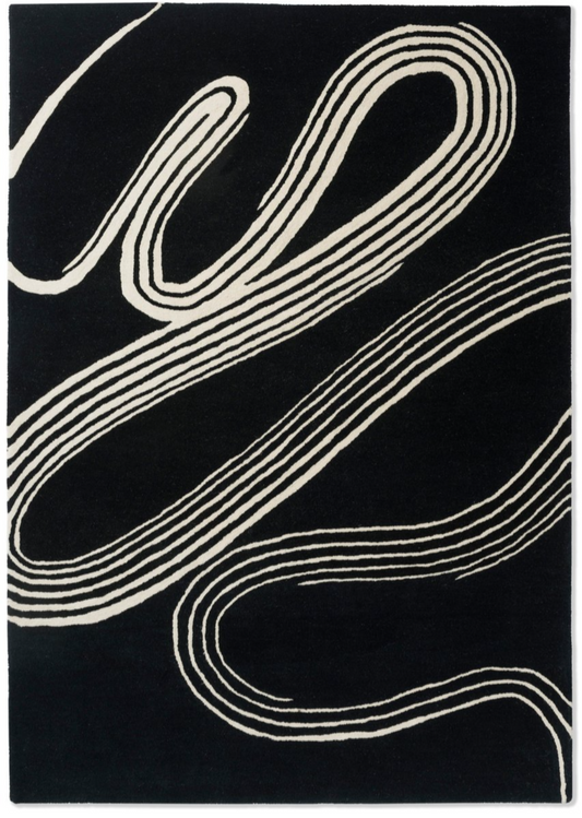 Modern Abstract Black & White Wool Rug – Hand-Tufted Contemporary Swirl Design for Living Room, Bedroom & Office Décor