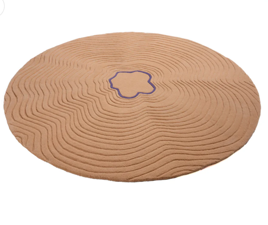 Round Beige Contemporary Area Rug – Hand-Tufted 3D Wavy Carved Design with Subtle Purple Center Accent for Modern Home Décor