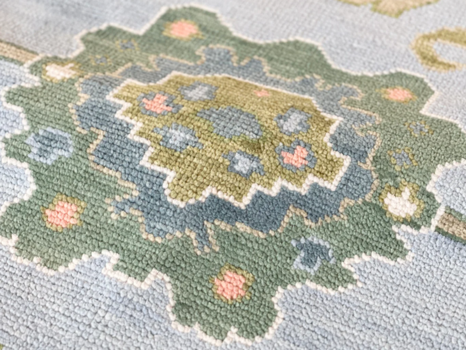 Hand Knotted Oushak Rug – Soft Pastel Blue & Green Turkish Style Area Carpet | Traditional Wool Oriental Rug