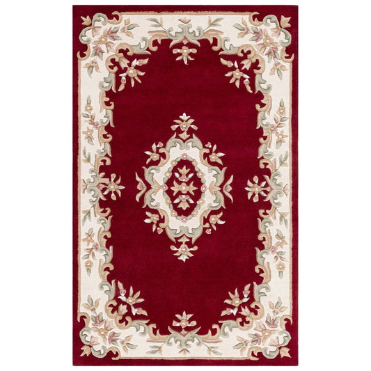 Red Aubusson Area Rug – Handcrafted Wool Carpet with Floral Border for Living Room & Bedroom Décor