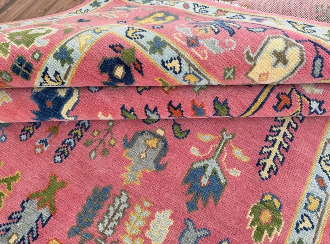 Handknotted Oushak Rug – Authentic Turkish Wool Carpet in Coral Pink | Luxury Handmade Oriental Area Rug