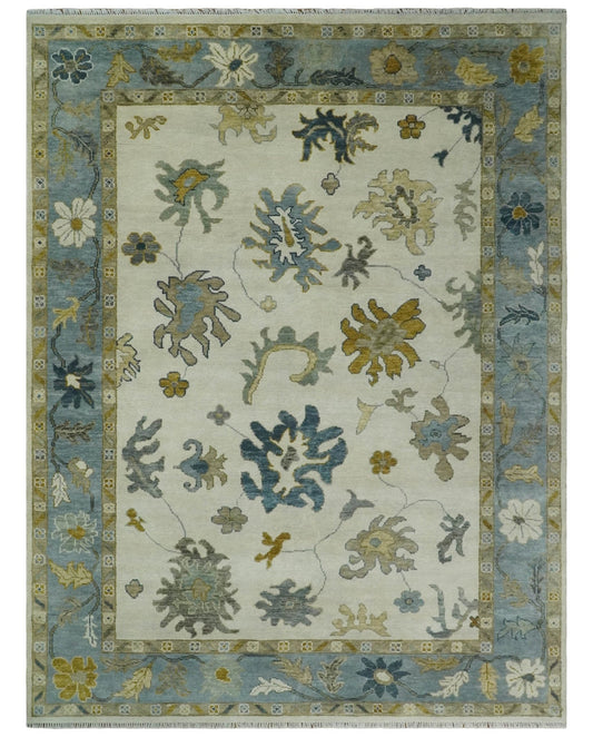 Handknotted Oushak Rug in Blue Gold Ivory – Turkish Wool Area Carpet | Vintage Inspired Traditional Oriental Rug for Living Room & Bedroom Decor