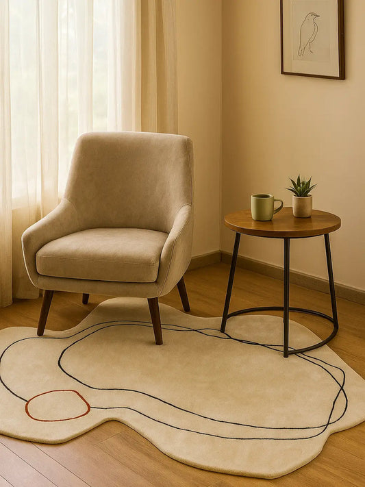 Modern Abstract Hand Tufted Rug – Irregular Shape Beige Wool Area Rug, Minimalist Scandinavian Carpet, Contemporary Living Room & Bedroom Floor Rug