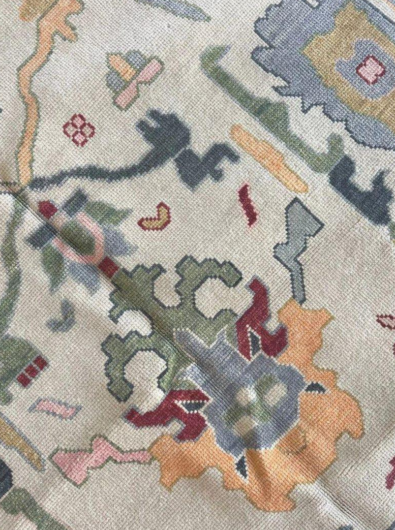 Hand Knotted Oushak Rug – Pastel Blue Ivory Turkish Wool Carpet | Soft Vintage Style Area Rug