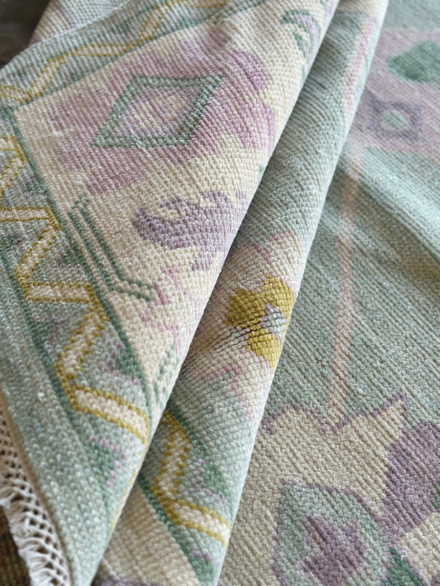 Hand Knotted Oushak Rug – Aqua Blue Pastel Turkish Wool Vintage Area Carpet