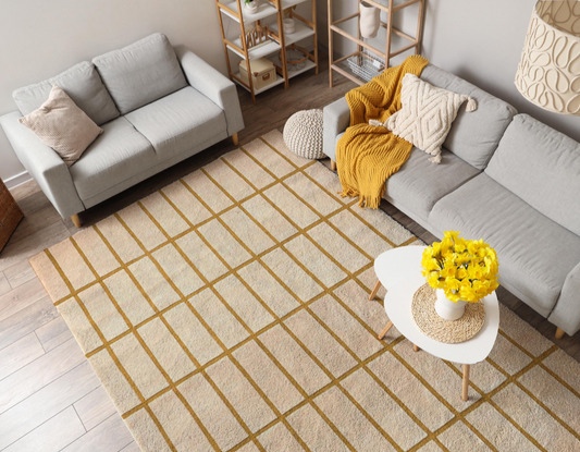 Modern Beige & Mustard Grid Wool Area Rug – Hand-Tufted Geometric Carpet for Living Room & Bedroom Décor