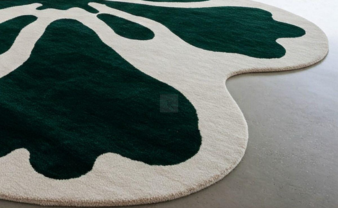 Irregular Abstract Flower Shaped Area Rug – Modern Green and White Carpet for Living Room Decor – Unique Statement Floor Mat