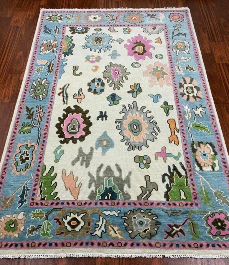 Hand Knotted Oushak Rug – Modern Turkish Wool Area Rug | Blue & Pink Oriental Carpet, Bohemian Floral Design for Living Room or Bedroom