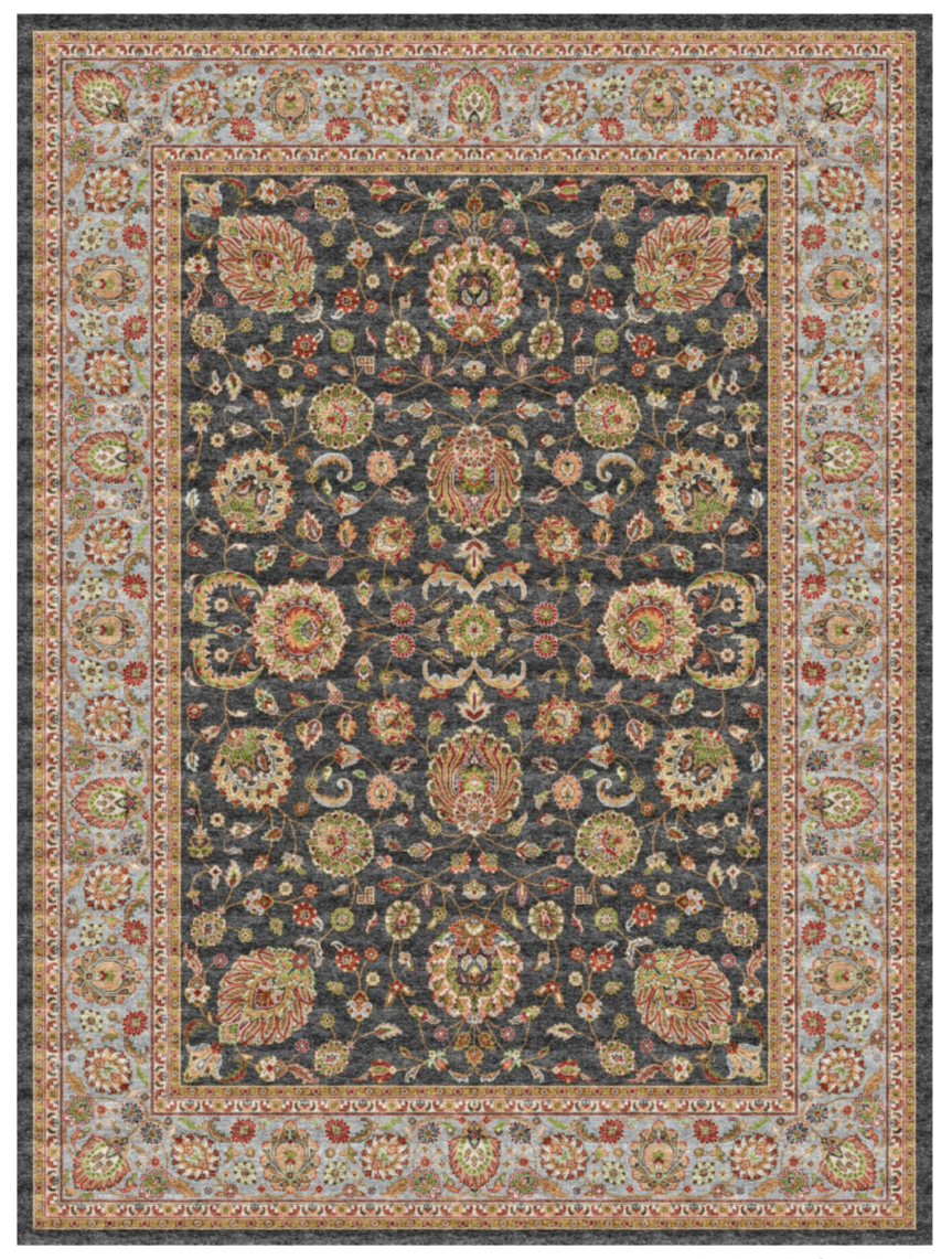 Luxury Persian Silk Area Rug – Charcoal Black Floral Palace Design, Soft Shiny Finish, Premium Elegant Carpet for Living Room & Bedroom