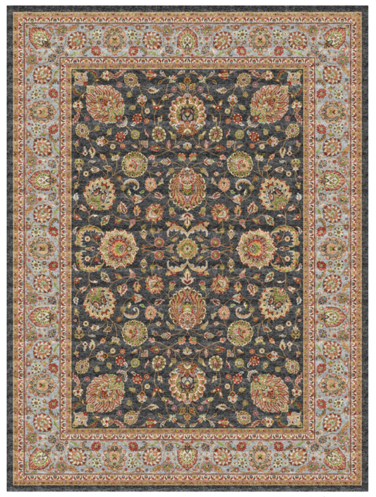 Luxury Persian Silk Area Rug – Charcoal Black Floral Palace Design, Soft Shiny Finish, Premium Elegant Carpet for Living Room & Bedroom