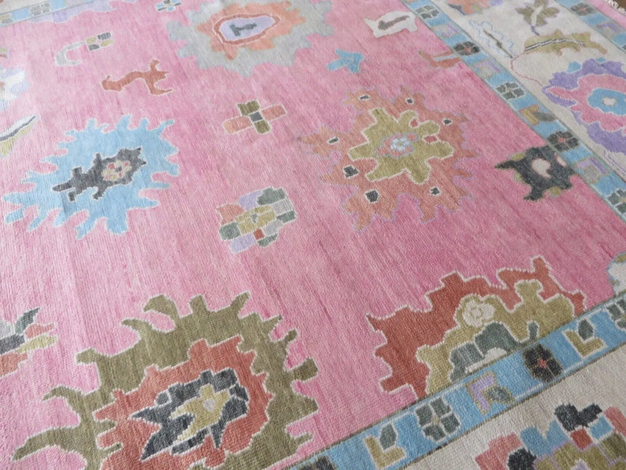 Blush Pink Hand Knotted Oushak Rug – Vintage Turkish Style Floral Medallion Carpet, Soft Pastel Large Area Rug for Living Room & Bedroom