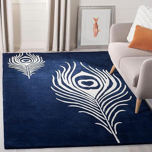 Navy Blue Peacock Feather Rug – Elegant Modern Carpet for Living Room, Bedroom & Home Décor