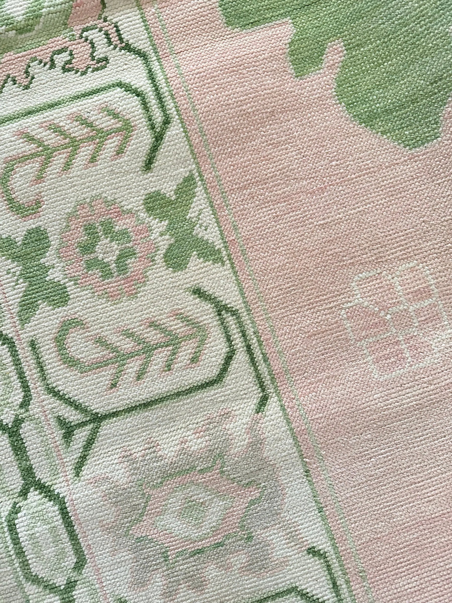 Handknotted Oushak Rug – Soft Pink & Green Turkish Wool Carpet | Vintage Pastel Area Rug for Living Room