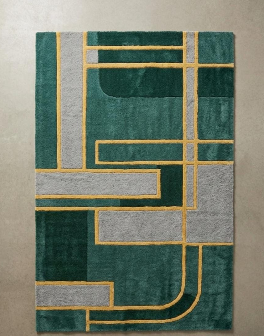 Emerald Green Hand Tufted Rug, Modern Geometric Area Rug, Luxury Abstract Wool Carpet, Contemporary Living Room Rug, Custom Handmade Rug