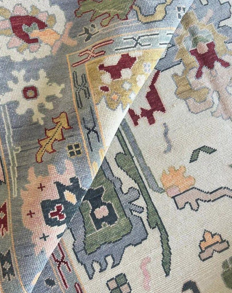 Hand Knotted Oushak Rug – Pastel Blue Ivory Turkish Wool Carpet | Soft Vintage Style Area Rug