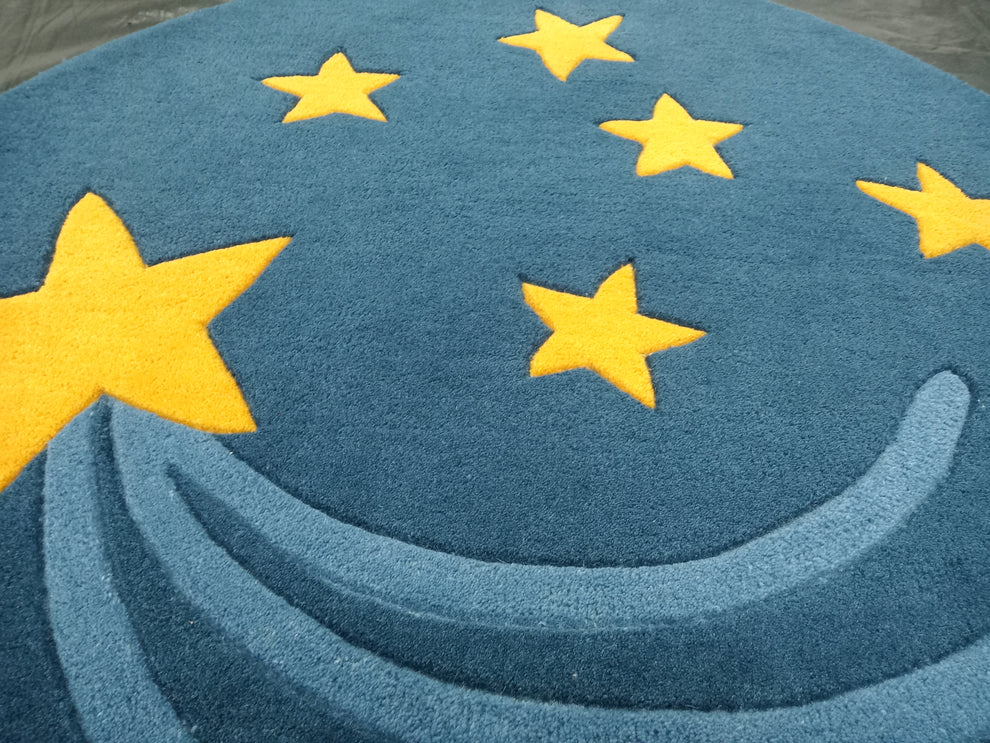 Kids Galaxy Round Rug – Handmade Wool Carpet with Shooting Stars Design in Blue & Yellow – Cozy Space Theme Floor Decor for Nursery & Playroom