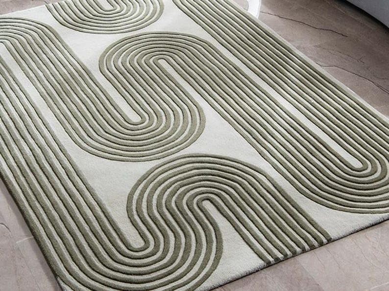 Modern Geometric Area Rug – 3D Carved Line Pattern in Beige & Olive Green for Living Room, Bedroom, and Contemporary Home Décor