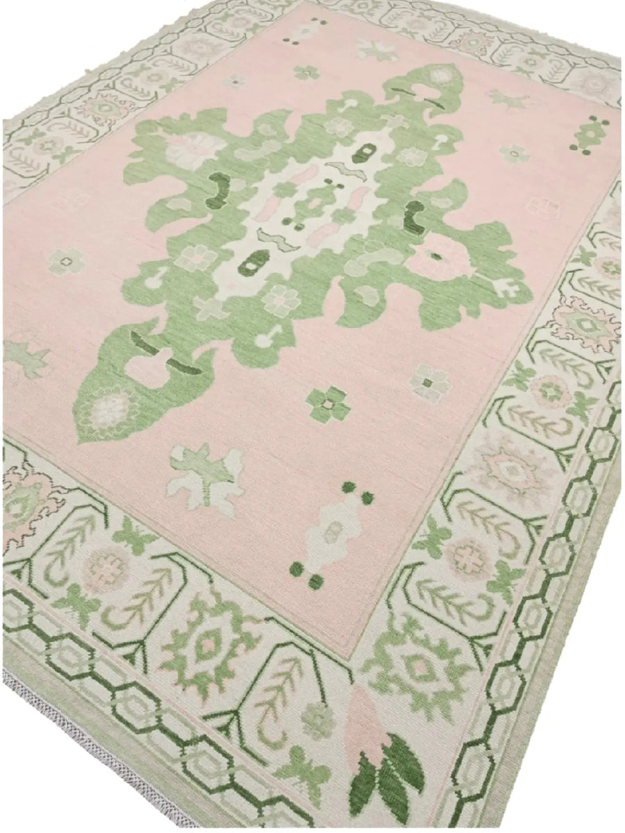 Handknotted Oushak Rug – Soft Pink & Green Turkish Wool Carpet | Vintage Pastel Area Rug for Living Room