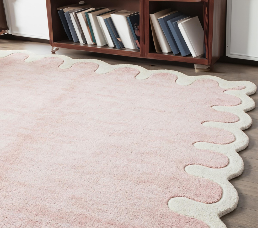 Modern Pink Wavy Edge Area Rug – Soft Plush Aesthetic Carpet for Living Room & Bedroom