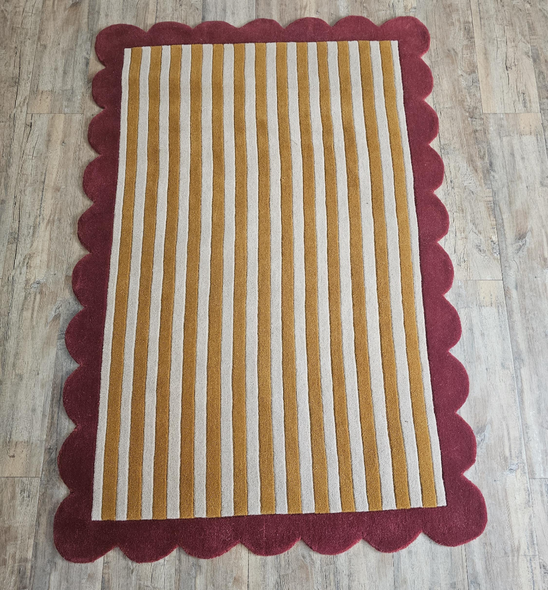 Handmade Wool Striped Rug | Modern Mustard & Beige Area Carpet with Red Scalloped Border | Contemporary Statement Floor Rug for Living Room & Bedroom