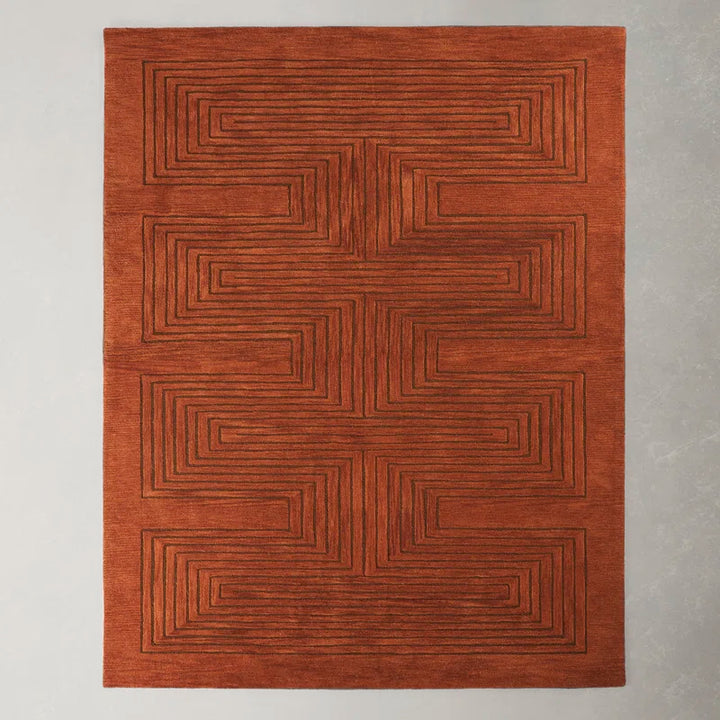 Hand Tufted Modern Geometric Area Rug – Rust Orange Abstract Linear Design Wool Carpet for Living Room, Bedroom & Dining Room | Handmade Contemporary Home Decor | Custom Size Rug
