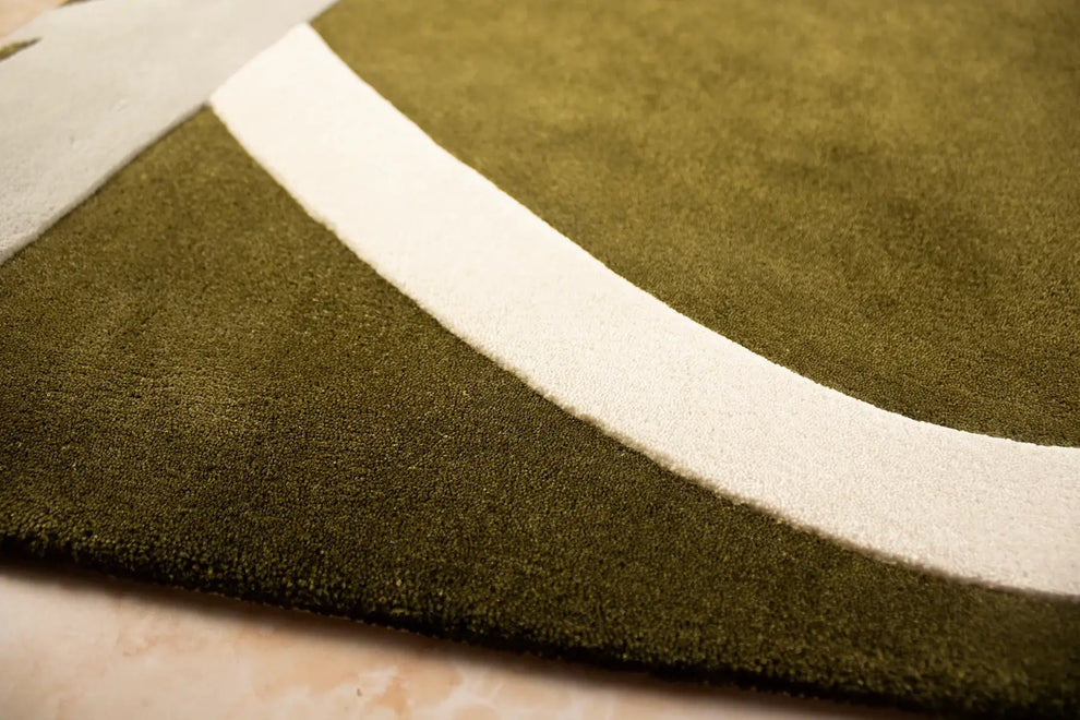Modern Abstract Hand-Tufted Rug | Olive Green & Beige Minimalist Line Art Carpet | Contemporary Geometric Area Rug for Living Room & Bedroom