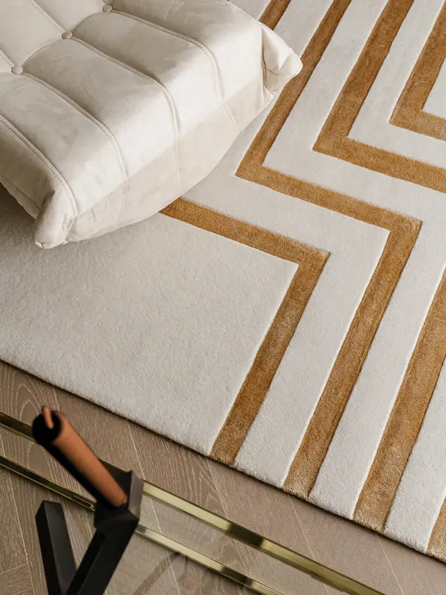 Modern Beige and Gold Geometric Area Rug – Luxury Abstract Carpet for Living Room, Bedroom & Home Décor