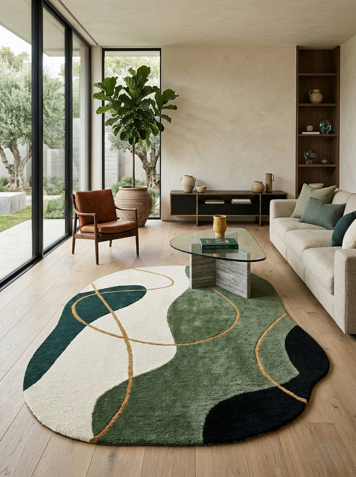 Modern Abstract Hand Tufted Rug, Green Organic Shape Rug, Handmade Wool Area Rug, Contemporary Living Room Rug, Minimalist Designer Carpet