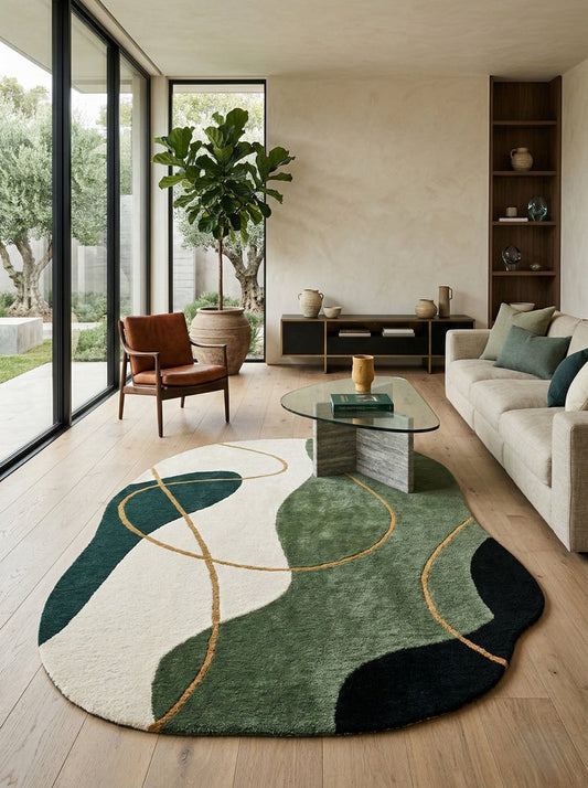 Modern Abstract Hand Tufted Rug, Green Organic Shape Rug, Handmade Wool Area Rug, Contemporary Living Room Rug, Minimalist Designer Carpet
