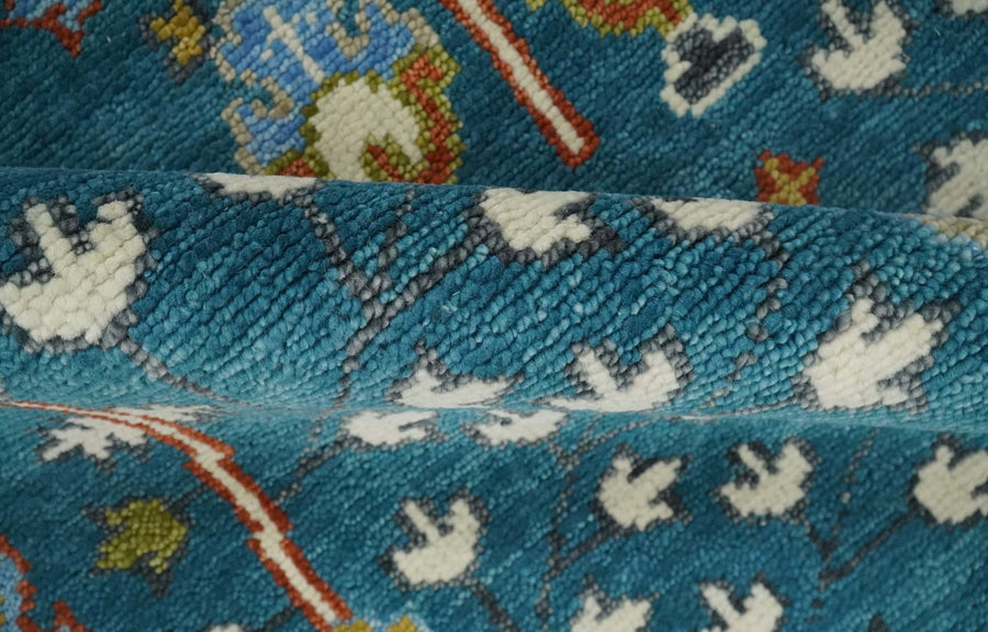 Hand-Knotted Oushak Rug in Teal Blue – Authentic Turkish Wool Oriental Carpet