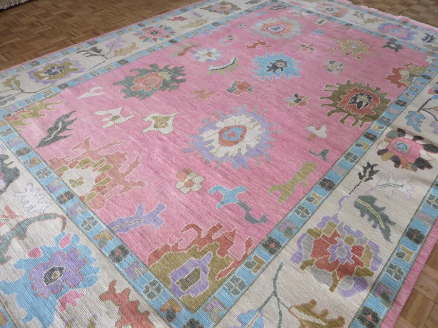 Blush Pink Hand Knotted Oushak Rug – Vintage Turkish Style Floral Medallion Carpet, Soft Pastel Large Area Rug for Living Room & Bedroom