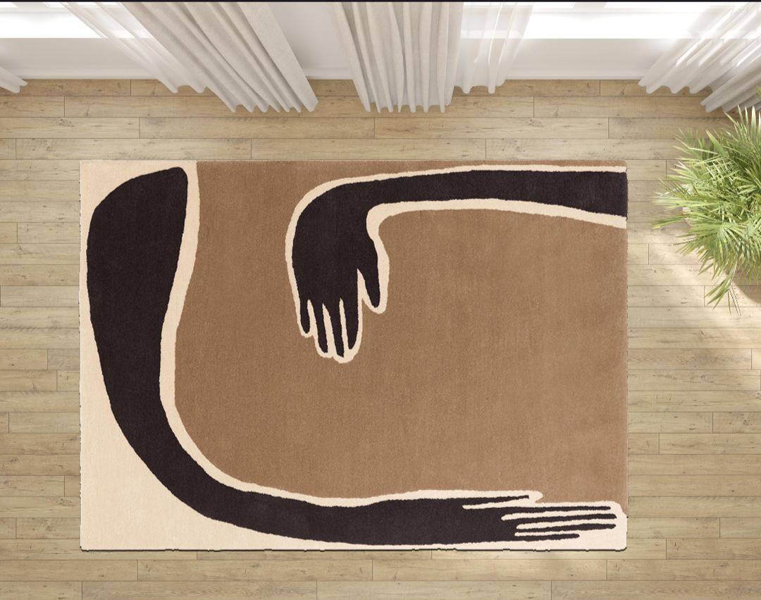 Modern Abstract Hand Design Area Rug – Soft Minimalist Brown & Beige Carpet for Living Room, Bedroom & Home Décor